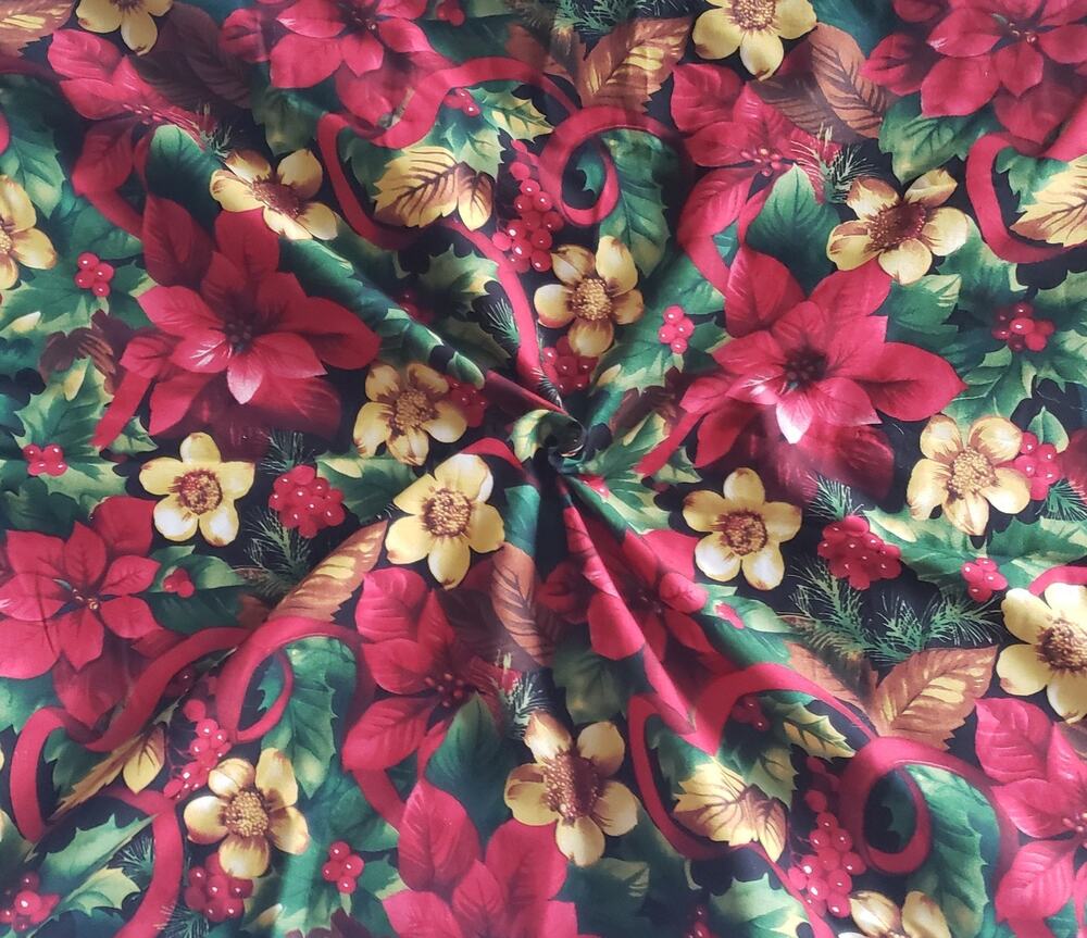3 Yards Christmas Cotton Fabric Poinsettia Holly Ribbon Floral Holiday Quilt